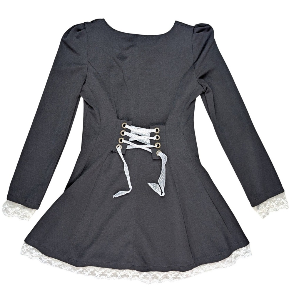 Black Gothic Lolita‎ Long Sleeve Corset Lace Back Fitted Dress A Line Skirt